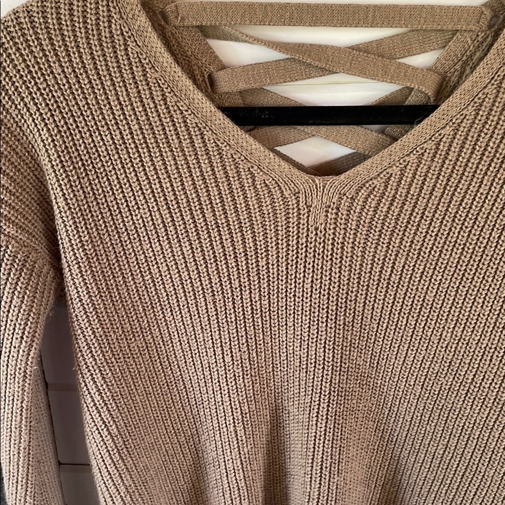 Poof! Tan V-Neck Sweater Ribbed Knit Cozy